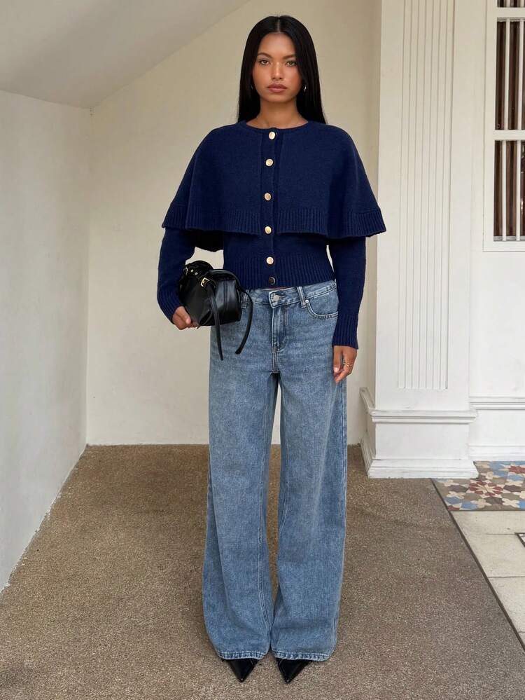 SHEIN BAE Kardigan Wanita Biru Navy Kancing 2 in 1 untuk Hari Guru, Kantor dan Brunch Musim Gugur Gaya Prancis Elegan - Navy Blue - View 5