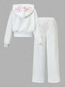 SHEIN 青少年女孩連帽衫兩件套，拉鍊連帽衫，休閒，寬鬆，針織，返校季，復古，秋季服飾，秋季字母灰色女孩套裝，韓系Y2K - 灰色 - 查看 2