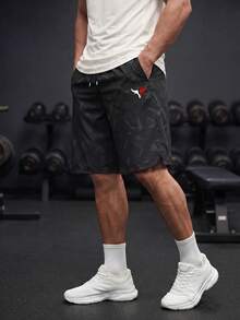 GymBeat 男士彈性腰抽繩口袋開衩牛頭圖案運動短褲 跑步短褲 運動短褲 健身房夏季運動短褲 - 彩色 - 查看 4