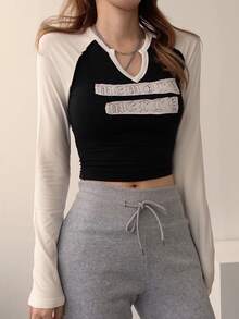 DAZY Women's Letter Pattern Colorblock Casual Everyday Long Sleeve T-Shirt - Black and White - View 1