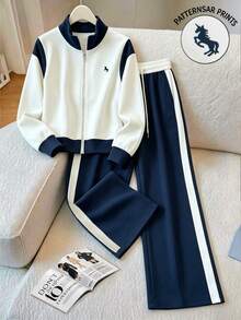 GlowEve Women's 2pcs Tracksuit: Colorblock Zip Collar Jacket + Striped Drawstring Wide Leg Pants With START E - Multicolor - View 3