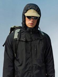 Caldwick 1pc Outdoor Men's Multi-Pocket Black Windbreaker Jacket, Sports Coat Spring - Black - View 9