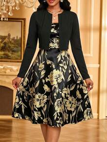 SHEIN Lady Women's Solid Color Long Sleeve Open Front Jacket And Jacquard Dress Elegant 2-Piece Set - Black - View 5