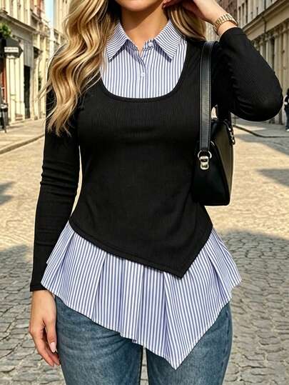 Velvienne Women's Plus Size Autumn/Winter Fashion Elegant Striped & Solid Color 2 In 1 Long Sleeve T-Shirt, Asymmetrical Hem, Suitable For Commuting, Outings And Daily Wear