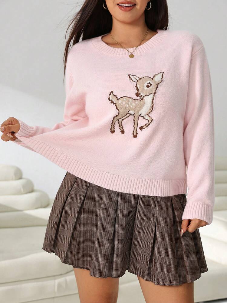 Solflare Autumn/Winter Pink Sweater, Round Neck Long Sleeve, Fuchsia Pink Bear Knit, Plus Size, Family Vacation Formal, Dating, Casual Cute - Multicolor - View 5