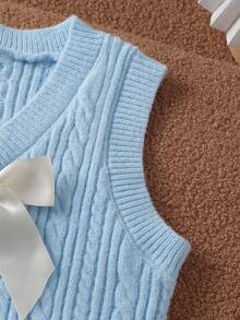 SHEIN Young Girl Bow Decor Knitted Vest - Blue - View 3
