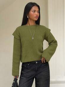 SHEIN BAE Sweater Pullover Off-Shoulder Wanita Reguler - Hijau - View 7