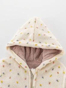 SHEIN 女童花卉連帽保暖內裡夾克，秋冬款，腰部抽繩，加厚毛絨填充外套，粉色保暖內裡 - 粉色 - 查看 7