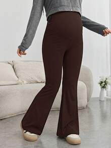 SHEIN Maternity Solid Color Adjustable Waist Casual Versatile Daily Wear Long Pants - Coffee Brown - View 1