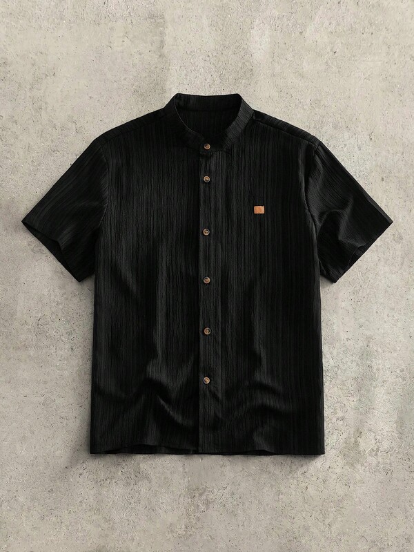 HIMLAND Men's Black Casual Single-Breasted Textured Hort Sleeve Shirt