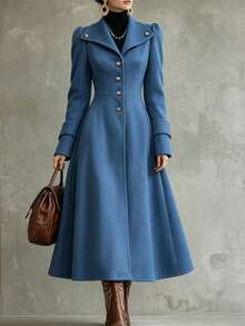 LUMIGAL Women's Wool Blend Long Coat With Large Lapel, Cinched Waist And Metal Button Decoration, Elegant Commuter Streetwear For Spring And Autumn - Blue - View 5