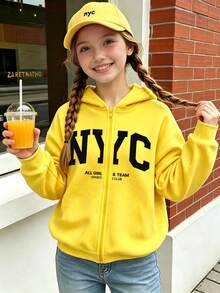 女童清新休閒極簡風 NYC 字母圖案基礎款連帽拉鍊運動外套 - 黑色 - 查看 1