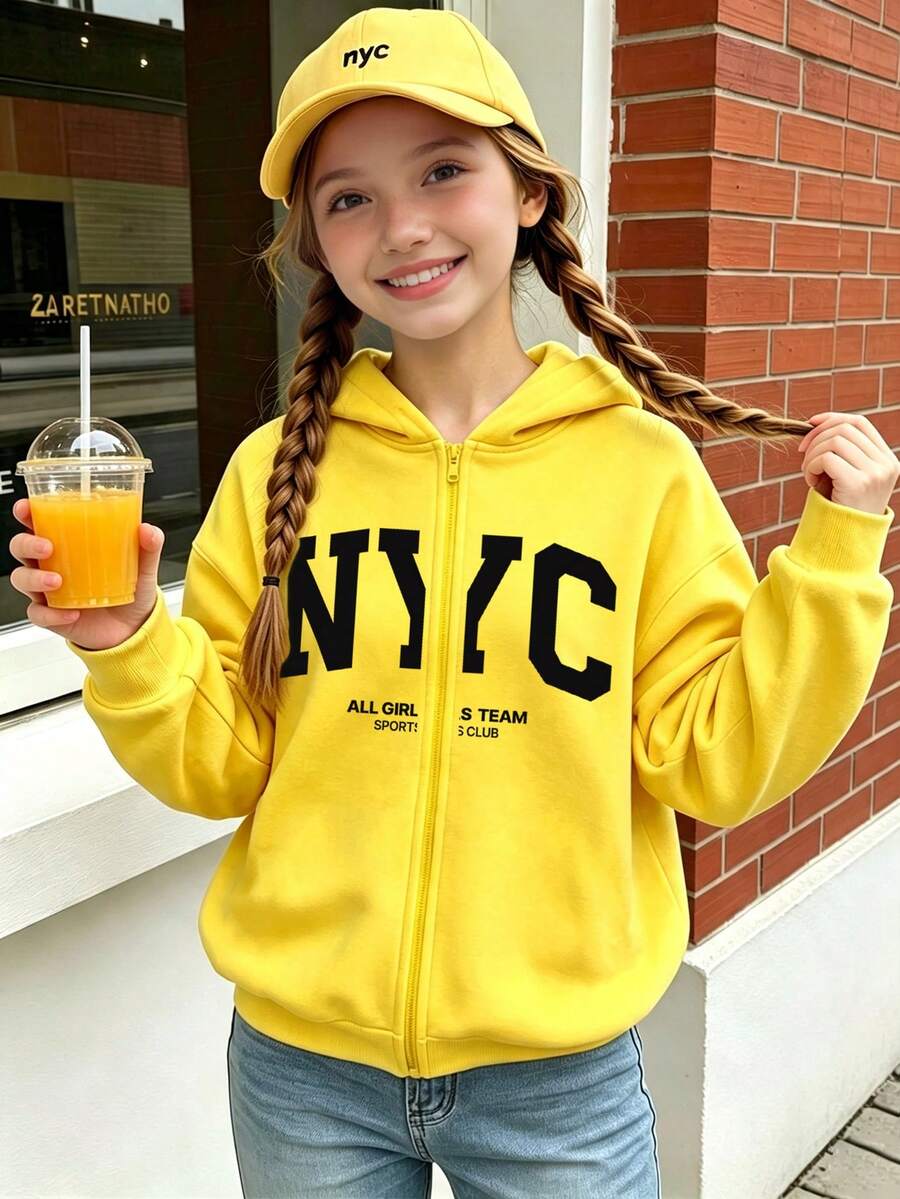 女童清新休閒極簡風 NYC 字母圖案基礎款連帽拉鍊運動外套 - 黑色 - 查看 1
