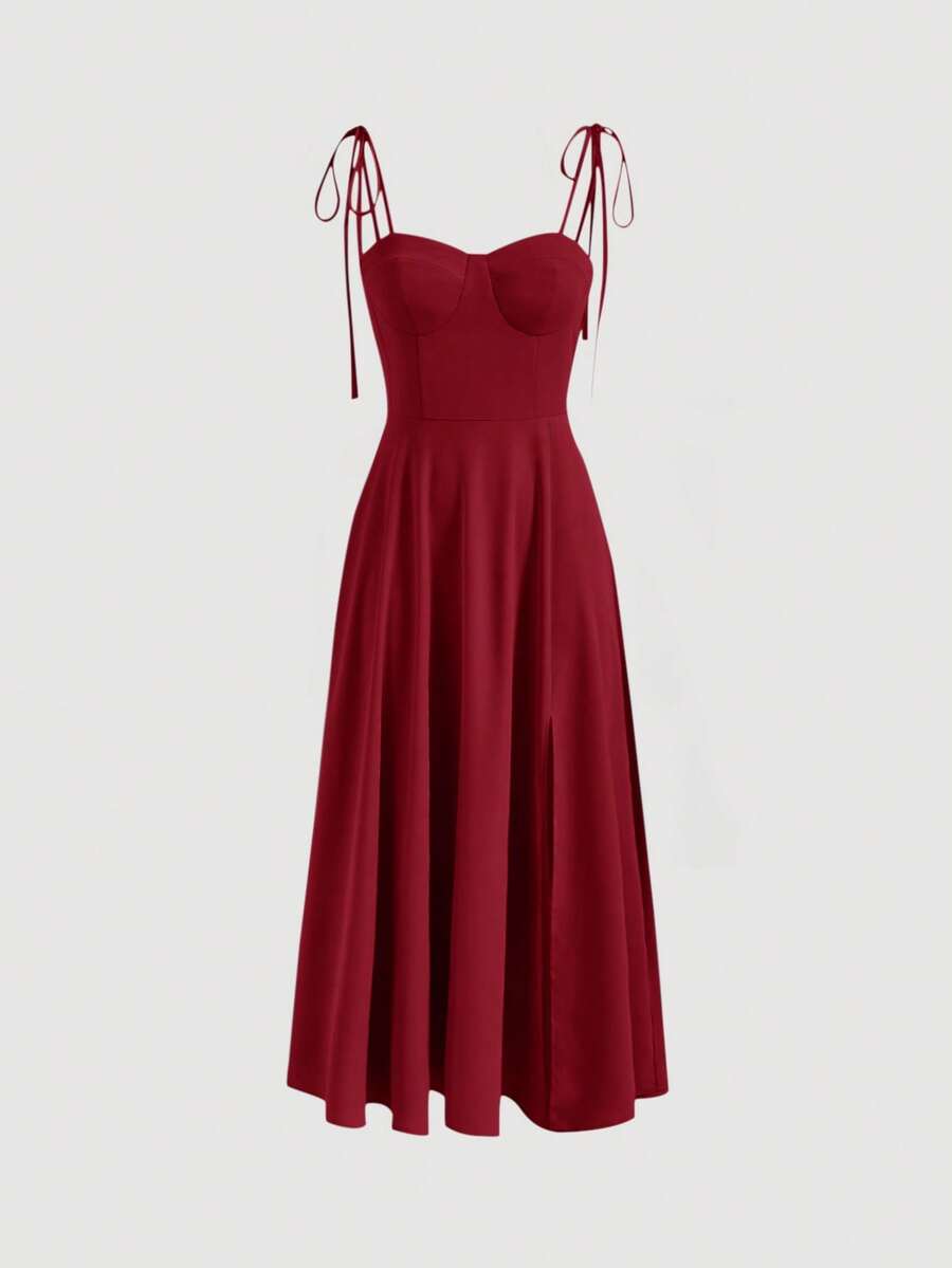 SHEIN MOD 連帶肩帶胸衣式長紅色cam​​i連衣裙 - 酒紅色 - 查看 1