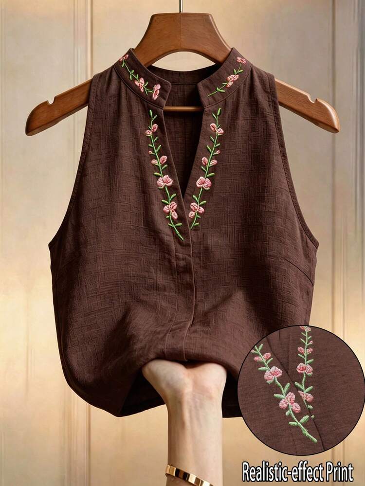 Elouméa 女款花卉刺繡立領無袖襯衫，刺繡上衣，女款夏季穿搭，優雅襯衫，通勤上班穿搭 - 棕色 - 查看 1