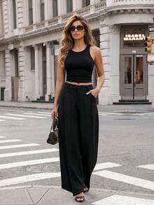 SHEIN PETITE Women's Casual Versatile Solid Color Wide Leg Long Pants Work Office Black Autumn - Black - View 11