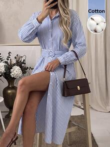 Serisse Women's Striped Long Sleeve Single-Breasted Casual Shirt Midi Dress - Blue and White - View 1