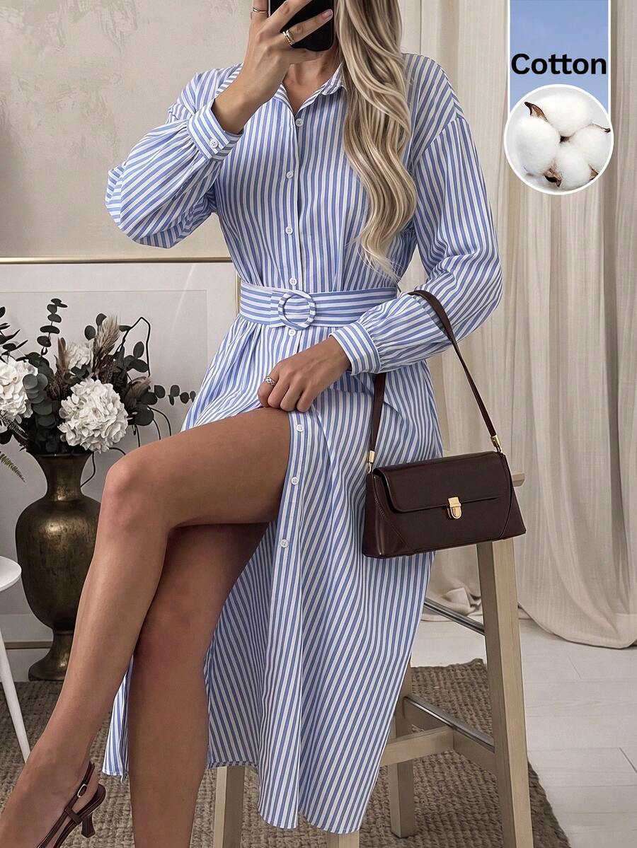 Serisse Women's Striped Long Sleeve Single-Breasted Casual Shirt Midi Dress - Blue and White - View 1
