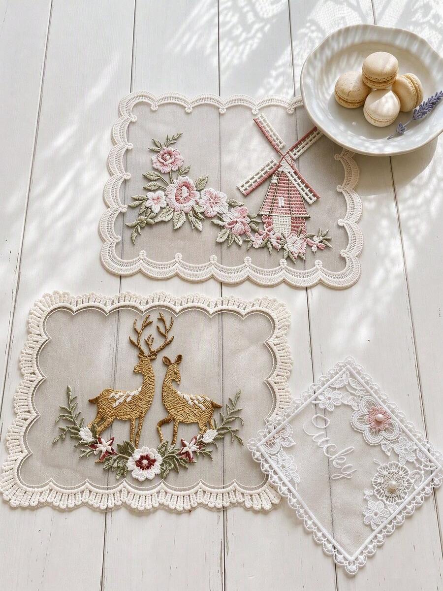 Haus Hana 1pc Vintage Lace Embroidered Doily, 3D Water-Soluble Floral Cushion, Coaster & Table Mat, Home Sofa Decor - Multicolor - View 1
