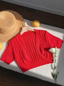 SHEIN EZwear 紅色短袖針織開襟衫 - 紅色 - 查看 6