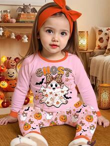 Halloween, Young Girl Casual Minimalist Cute Sweet Ghost, Pumpkin, Bat Pattern, Cream Color, Comfortable Long Sleeve Long Pants Loungewear Suitable For Autumn/Winter, Snug Fit, Looks Of Party, Cute, Cozy, Snug Fit - Multicolor - View 2