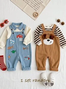LMoss Kids 男嬰可愛小熊3D耳朵圖案秋冬衛衣與連身衣2件套 - 彩色 - 查看 1