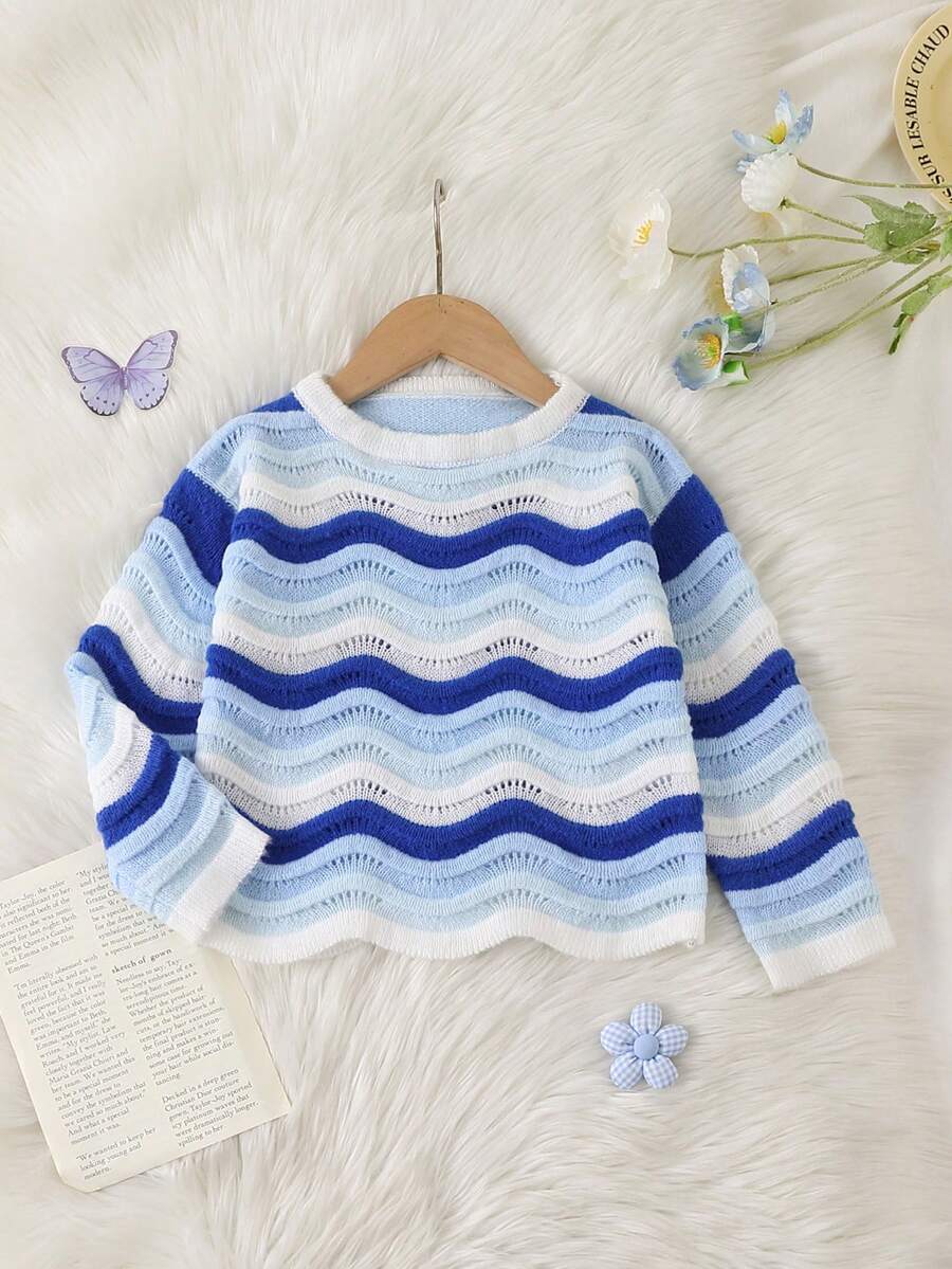 SHEIN Genkimix Kids Girls' Gradient Wave Pattern Cute Thin Knit Sweater - Blue - View 1
