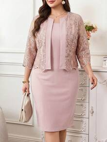 Reflora Plus Size Women's Jacquard 3/4 Sleeve Jacket And Dress Elegant 2 Pieces Set - Dusty Pink - View 1