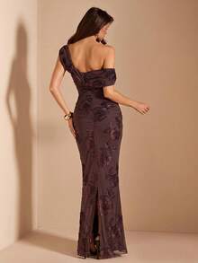 SHEIN BAE Women's Elegant One-Shoulder Floral Print Mermaid Hem Long Dress Summer - Brown - View 2