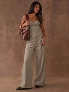 SHEIN BAE 女款性感街頭風魚骨修身抹胸上衣 - 卡其色 - 查看 3