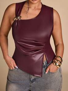 SHEIN BAE CURVE 大尺碼女款金屬扣飾百褶不對稱下擺上衣 冬季 - 酒紅色 - 查看 6
