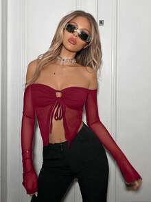 SHEIN ICON 春季黑色露肩抽绳前开衩下摆网眼上衣 - 酒紅色 - 查看 4