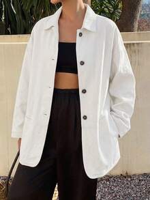 DAZY Women's Lapel Loose Long Sleeve Open Front Denim Jacket, Casual City Style Washed Relaxed Denim Jacket - White - View 9