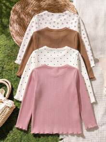 SHEIN 1 Buah Atasan Lengan Panjang Leher Bulat Anak Perempuan (Acak), Aplikasi Bunga 3D, Tersedia dalam Motif Bunga 3D Merah Muda, Polka Dot, Cokelat, dan Pita, Hem Berumbai Vertikal Bertekstur, Potongan Ramping, Cocok untuk Jalan-jalan, Pakaian Sehari-hari, Musim Semi, Musim Gugur, Musim Dingin - Aprikot - View 2