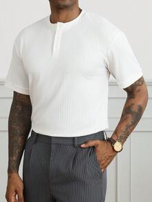 HUEFORM Men's Old Money Style White Vertical Ribbed Texture Pure Minimalist Mature Vintage Casual Commute Slim Fit Summer Versatile Short Sleeve T-Shirt Top - White - View 5