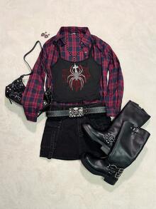 SHEIN EZwear Áo thun graphic cơ bản họa tiết nhện mạng nhện đính đá rhinestone phong cách Halloween Goth Y2K - màu đen - Xem 5