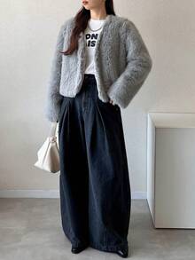 FRIFUL Women's Autumn Grey Short Versatile Faux Fur Jacket - Grey - View 7