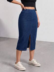 Flexra Women's Casual Washed Slit Slim Fit Denim Skirt Office Navy Blue Autumn - Blue - View 4