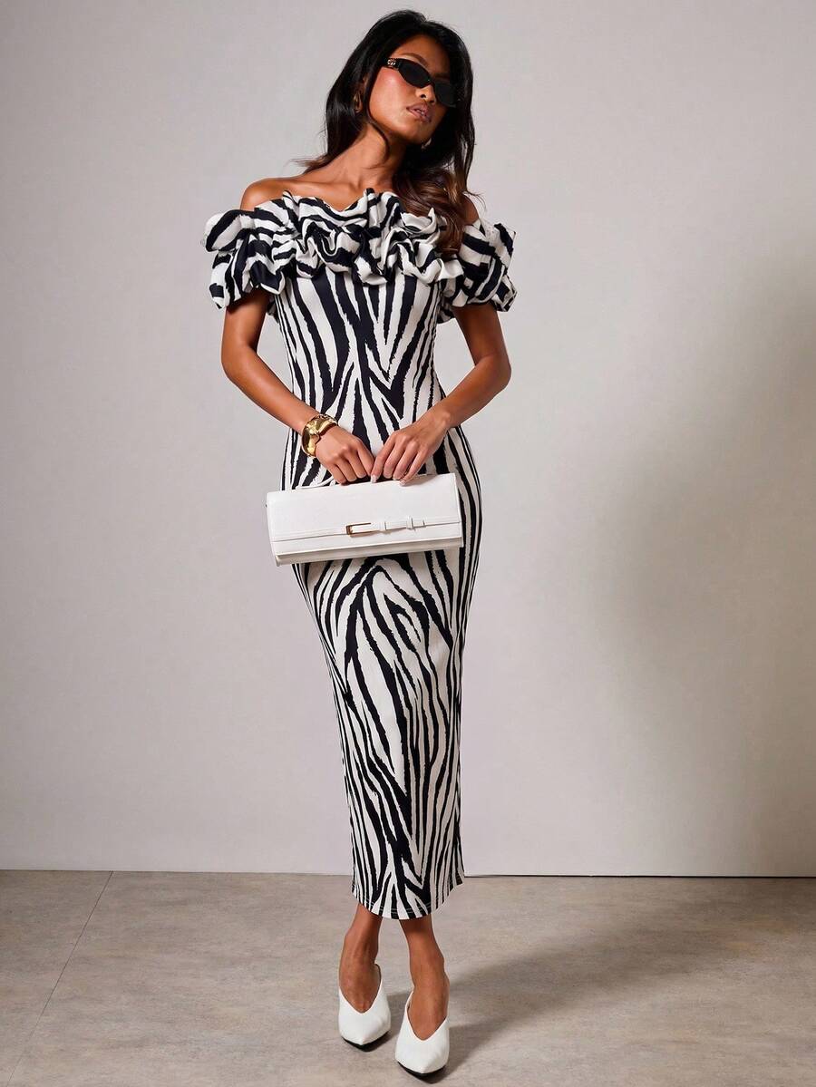 COSMINA Women's Casual And Elegant Black Zebra Print Ruffled Collar Dress Ceremony Dresses - Multicolor - View 1