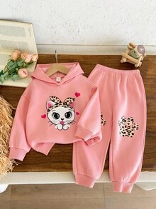 SHEIN Kids Young Girl Girls Cartoon Rabbit & Leopard Print Knit Soft Hooded Sweatshirt And Relaxed Fit Pants Set - Pink - View 1