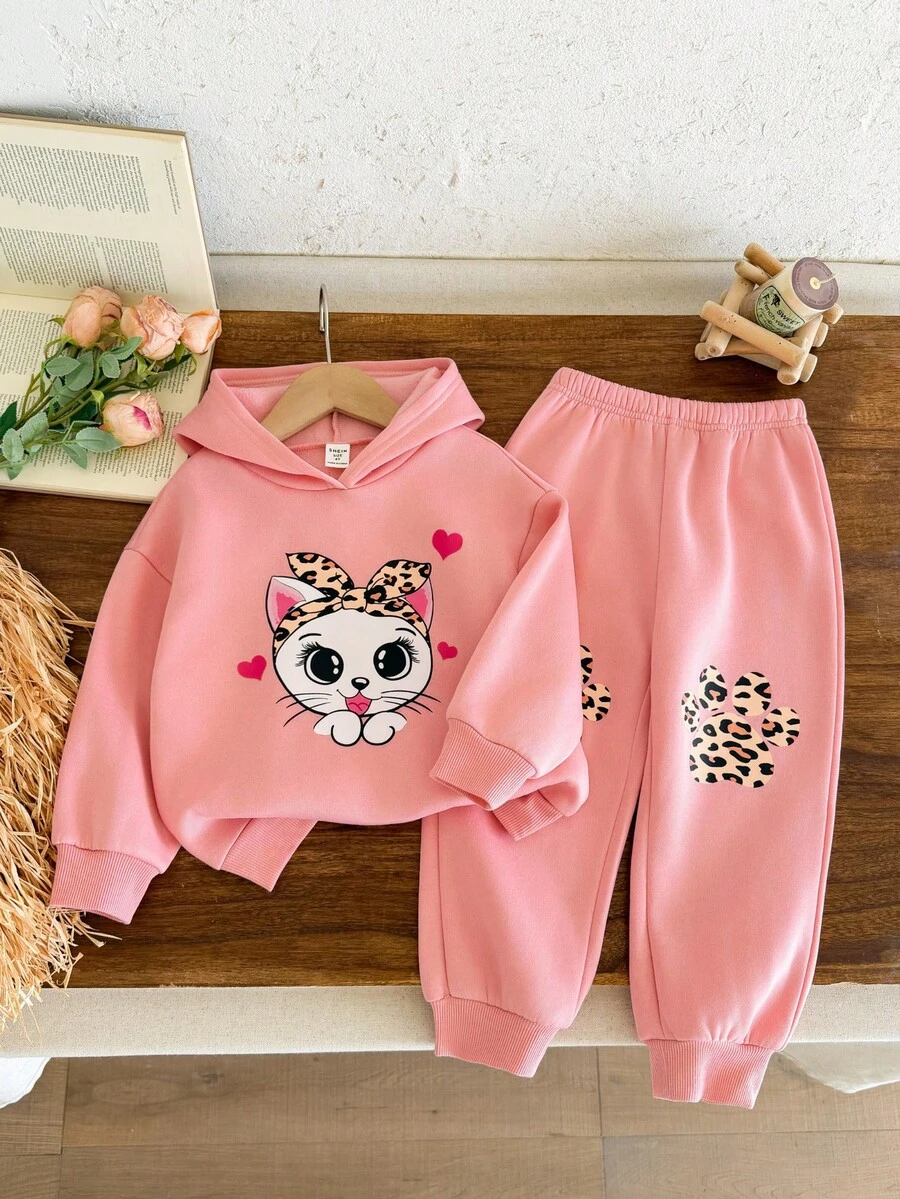 SHEIN Kids Young Girl Girls Cartoon Rabbit & Leopard Print Knit Soft Hooded Sweatshirt And Relaxed Fit Pants Set - Pink - View 1