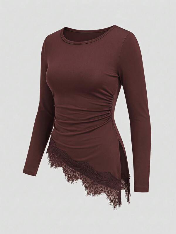 Tween Girl Solid Color Round Neck Long Sleeve Ruched Lace Hem T-Shirt