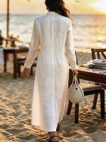 Breezaya Stand Collar Long Sleeve Front Button Side Pocket Long Dress, Solid Color Loose Fit Vacation Daily Casual Long Dress - White - View 2