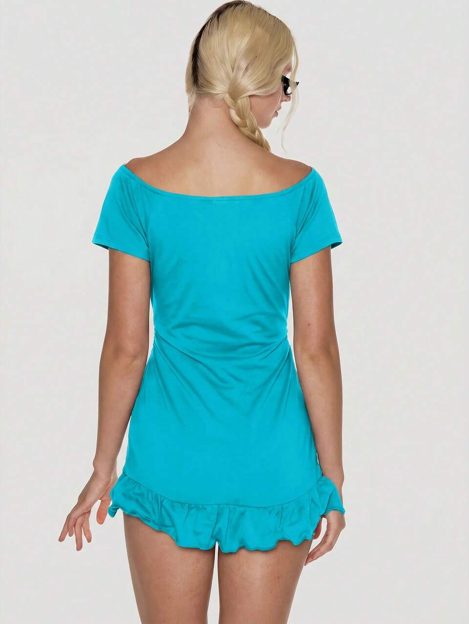 Off The Shoulder Short Sleeve Ruffle Hem Skort Mini Dress Spring Summer Holiday Festival Daily