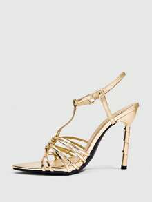 CUCCOO SZL Golden Spiral Heel, Classic T-Band With Stable Structure And Modified Instep, Visually Thin. Strap Weaving Delicacy, Party, Commute, Dating, Pointed V - Gold - View 4