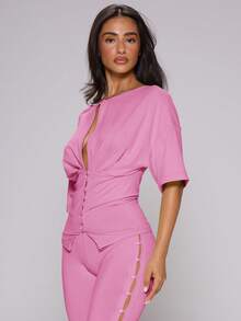 MUSERA Lime Green Button Through Wide Sleeve Open Front Top - Pink - View 3