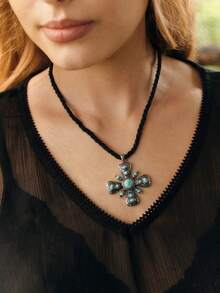 Nocturel 1 buah Kalung Liontin Salib Bertatahkan Batu Turkuois Gaya Bohemian Vintage, Cocok untuk Pemakaian Sehari-hari Wanita - Kalung Salib Pirus - View 1