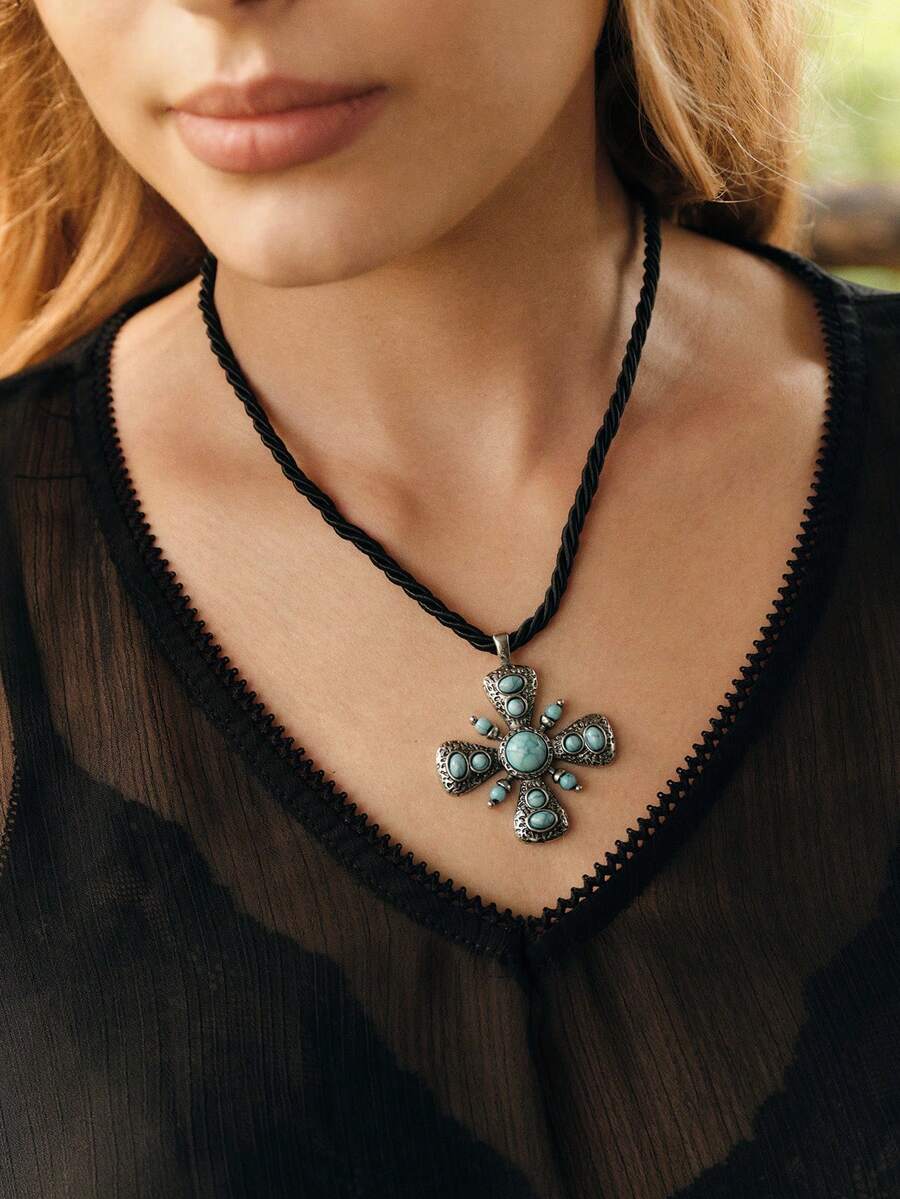 Nocturel 1 buah Kalung Liontin Salib Bertatahkan Batu Turkuois Gaya Bohemian Vintage, Cocok untuk Pemakaian Sehari-hari Wanita - Kalung Salib Pirus - View 1