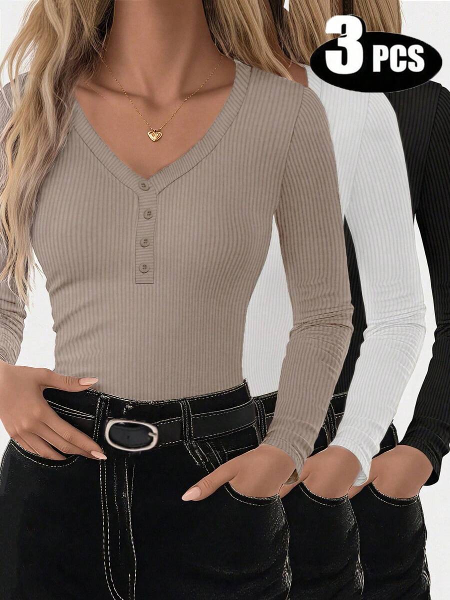 INAWLY 3pcs Women's Solid V-Neck Raglan Sleeve Fitted Casual Henley T-Shirt Set Fall Cloth For Women - Multicolor - View 1