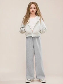 青少年女孩休闲日常百搭舒适纯色针织直筒宽松运动裤，适合通勤、上学、休闲、度假、运动、秋冬 - 灰色 - 查看 4
